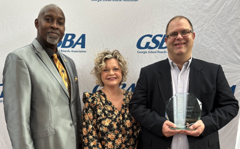 Pictured, from left to right, are Hart County Board of Education Vice-Chair Lonnie Robinson, Hart County Charter System Superintendent Jennifer Carter, and Patrick Fargason, Publisher/Editor of The Hartwell Sun after the 2024 GSBA Beacon Award was presented to The Hartwell Sun.
