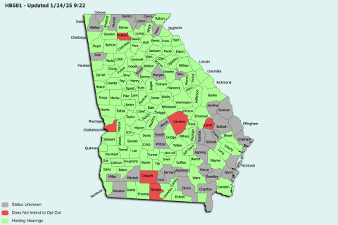 Superintendent Jennifer Carter presented a map during the Board of Education’s public hearing to opt out of House Bill 581 Monday that showed which boards of education across the state were holding hearings to opt out of the bill. Counties in green were holding hearings as of Jan. 24 while counties in red were choosing not to opt out. Gray counties were unknown as of Jan. 24. Graphic by Jackson Hensley of the Barrow County School System.