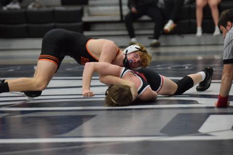 Senior wrestler Harrison Krause looks to pin his opponent and wins his match against Stephens County at the Area Duals. Photo by Shane Scoggins/Franklin County Citizen Leader.