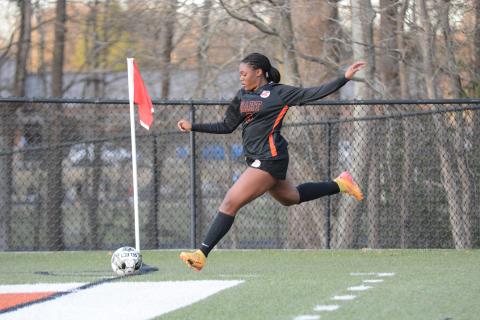 Sophomore defender Aidyn Craft sends a corner into play and later scored a goal as the Lady Dogs claimed a 11-1 win over the Lady Patriots of Westside Augusta on Feb. 21. 