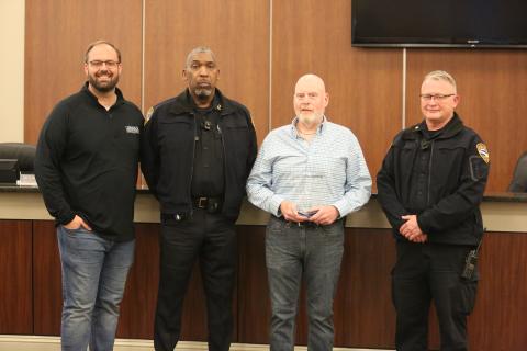 Sgt. Paul Agnew was recognized during Monday night’s Hartwell City Council Meeting for his 32 years of service to the Hartwell Police Department. Pictured during the meeting are (L-R) Mayor Brandon Johnson, Police Chief Anthony Davis, Agnew and Assistant Police Chief Stan Sayer. 
