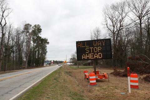 The intersection of Elberton Highway, Bio Church Road and Coldwater Creek Road/Cokesbury Highway will be a four-way stop Feb. 26. Signs from the Georgia Department of Transportation have been up on both sides on Elberton Highway for the past few weeks warning travelers of the change. 
