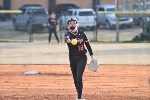 Junior Emma Mitchell delivers the pitch in the 2-0 loss to Franklin County on Feb. 18. Photo by Shane Scoggins/Franklin County Citizen Leader