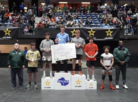 Senior Harrison Krause (fourth from the left) finishes as a state runner up at the state traditional meet in Macon on Feb. 13-14. 