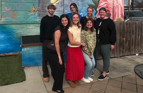 University of Georgia students from the Grady College of Journalism are partnering with The Hartwell Sun to gather data about Hart County’s workforce. The group met with editor/publisher Rose Scoggins Jan. 30 to learn more about Hart County and took a short tour of downtown. Pictured with Scoggins in front of the mural on the outside of the Hart County Chamber of Commerce building are  Ansley Denton, Sophie Strach, Ansley Kelly, Caleb Hensley, Mara Mershon and Kira Doppel. 