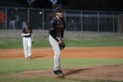 Freshman pitcher Aiden Kennedy celebrates after the final out in the 4-3 win over the Warriors of Oconee County. 