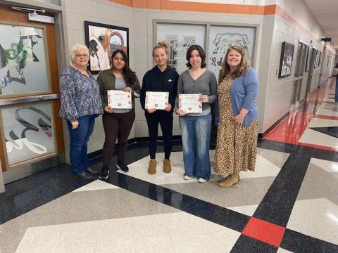 Hart County Farm Bureau art contest winners pictured with HCFB Women’s Committee Chair Stephanie Guzman and HCFB’s Tina Simmons include (clockwise, L-R) Guzman, Academic Christian Collective’s (ACC) Lila Layton and Simmons; Simmons, Hart County High School’s Maggie Rodrigues-Morales, Brooklyn Vassar, Maggie Noriega and Guzman; Guzman, ACC’s Layla Throckmorton and Simmons; and Guzman, ACC’s Titus McCall and Simmons. (Photo submitted by Tina Simmons)