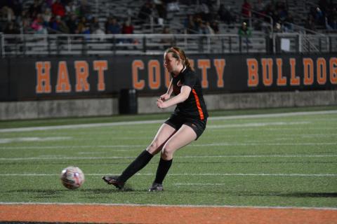 Junior Madison Heaton makes her penalty kick in the 3-2 loss to the Lady Patriots of Oglethorpe County in penalties.