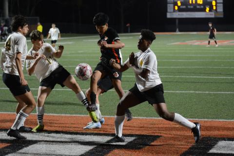 Sophomore Manuel Velazquez Sigala scores his second goal of the match in the 6-0 win over Crescent on March 4.