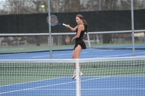 Gabby Bernazky returns a serve in the 5-0 loss to Prince Avenue Christian. (Photo/Benjamin London)