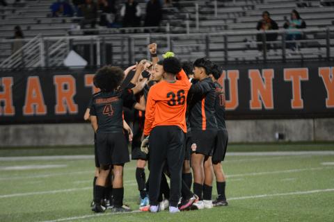 The Hart County boys soccer team breaks down the team huddle from a game earlier in the season. (Photo/Benjamin London)