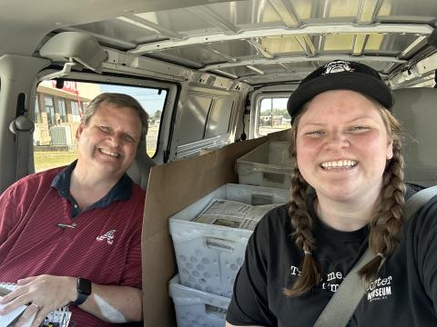 The Hartwell Sun and Franklin County Citizen Leader publisher daddy-daughter duo (L-R) Shane and Rose Scoggins loaded up in The Sun’s van to deliver newspapers after press delays last week. (Photo/Rose Scoggins)