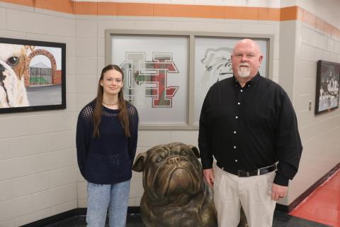 Senior Zoe Carter (left) was honored by State School Superintendent Richard Woods as a Georgia Scholar in April. In January, Carter was recognized as the 2025 STAR Student, alongside her STAR Teacher Mike Edwards (right). 