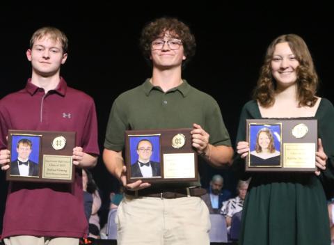Third Honor Graduate Josh Fleming (left), Salutatorian Cayson Fechner (center) and Adeline McCurley (right) were honored for their academic achievements during the Hart County High School senior awards night May 5. (Photo/HCCSS)