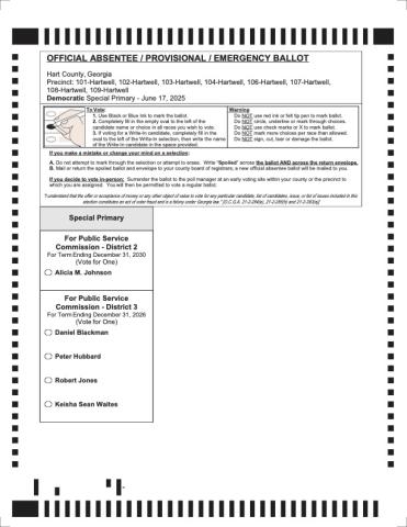 Voters will choose between a Democrat or Republican ballot when casting a vote in the special primary for public service commissioners in districts 2 and 3. Early voting begins Tuesday, May 27 with Election Day June 17. (Sample ballots provided by the Hart County Board of Elections and Registration Office)