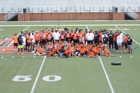 Former and current Bulldogs help instill the passion and love for football to the future Bulldogs at the inaugural Harper Island Youth Football Camp in Herndon Stadium June 14. (Photo/Benjamin London)