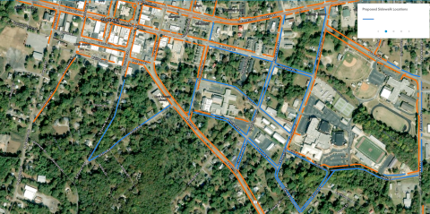 An additional 20,000 feet of new sidewalks that will connect Hart County schools to residential neighborhoods and the downtown area are set to be placed in the City of Hartwell after the city council approved a $1 million Appalachian Regional Commission Sidewalk Grant Project during Monday night’s meeting. In the proposed map of the sidewalk locations above, the blue lines reflect the new sidewalks while the orange lines reflect current sidewalks. (Map courtesy of the City of Hartwell)