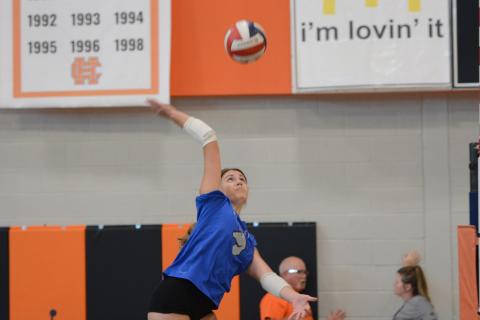 Rising sophomore right side hitter Coley Phillips goes for the kill during a summer practice. (Photo/Benjamin London)