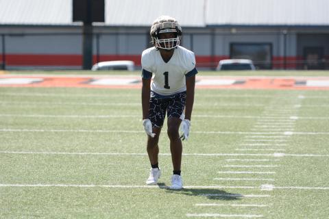 Rising senior safety Ramarcus Simpson awaits the snap during a practice in June. (Photo/Benjamin London)