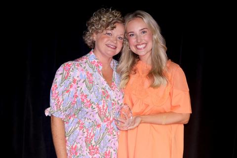 Hartwell Elementary School teacher Betsy Brown (right) was named the Hart County Charter System’s 2025-2026 Teacher of the Year during the district’s annual convocation July 30. Brown is pictured with Superintendent Jennifer Carter (left). (Photo by Grayson Williams)