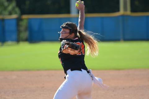 Junior pitcher Chesnee Strickland winds up to deliver the pitch in an away game earlier in the season. (Photo by Benjamin London)