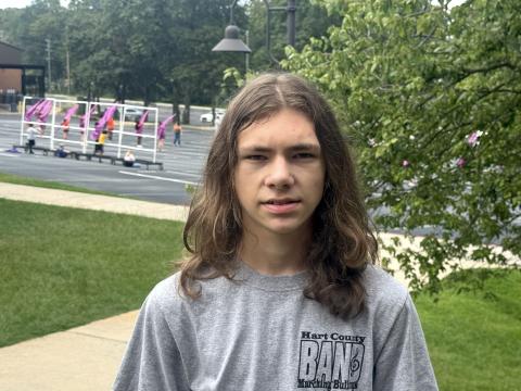 Percussionist Inman Echota Campbell poses after being named member of the week for this week’s High Notes Series. Despite this being Campbell's first year marching and second year playing music, he has quickly learned his music and has become an essential member of the Hart County High School Bulldog Marching Band’s front ensemble. (Photo by Adriana Cascio)