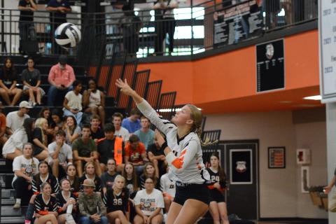 Senior libero Erin Miller serves the ball into play in the 3-0 win over Athens Christian Aug. 18. (Photo by Benjamin London)