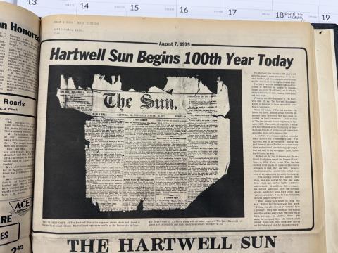The front page of the Aug. 7, 1975 edition of The Hartwell Sun boasted the paper was beginning its 100th year with the printing of that week’s paper. 50 years later, we’re taking their word for it and kicking off celebrating our 150th year. (Photo from the Aug. 7, 1975 edition of The Hartwell Sun)