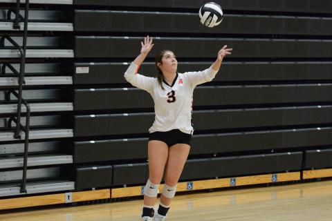 Junior setter Josee Fleming serves the ball into play during the match with the Lady Devils of Elbert County. (Photo by London)