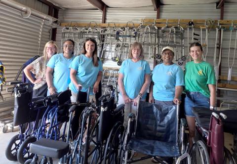 Pilot Club of Hartwell members (L-R) Laura Reed, Takia Wakefield, Tammy Beard, Joylynn Wilson, Chiquita Clark and Katelyn Wray pose inside a storage unit dedicated to the Friendship House program. The storage unit is fully stocked with walkers, wheelchairs, knee scooters and other medical supplies that are to be given to community members free of charge. (Photo submitted by Wray)