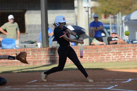 Freshman infielder and outfielder Chloie Lack collects a hit as she would go 3-4 at the plate and scored a run in the 4-1 win over the Lady Leopards of Banks County on senior night Sept. 22. (Photo by Benjamin London)