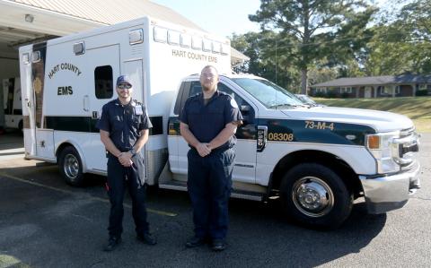 Hart County Emergency Medical Services (EMS) paramedic Stoney Norris (left) and advanced emergency medical technician (EMT) Mike Evans are just two of the crew members with Hart County EMS that have a heart for serving the community through patient care. (Photo by Rose Scoggins)