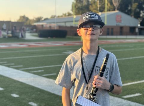 Freshman clarinetist Shia Hiland was named member of the week for the Sept. 25 High Notes series. In addition to his marching and playing efforts, Hiland was selected for his dedication to helping the band and the crüe by moving props and equipment. (Photo by Adriana Cascio)