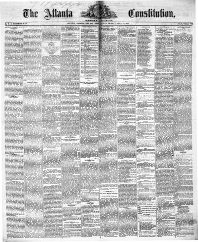 The front page of the July 27, 1875 edition of The Atlanta Constitution reported Hartwell high school had opened with 50 scholars and that the new Baptist church was set to be dedicated the fourth Sunday in August. (First page from Georgia Historic Newspapers)