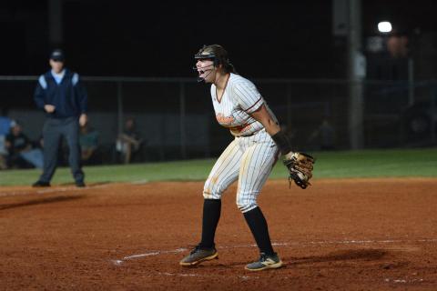Junior pitcher Chesnee Strickland celebrates after striking out a batter in the 16-7 game two win over Franklin County to sweep the Lady Lions and advance to the Sweet Sixteen Oct. 15. (Photo by Benjamin London)
