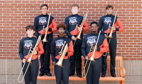 Trombonists include (front row, L-R) Tinsley River Powell, Jamal Eberhardt and Michael McDonald; (back row, L-R) Lukas Smith, Alexander Carruth and Gage Vasile. (Photo submitted by Hilaree Hudson)
