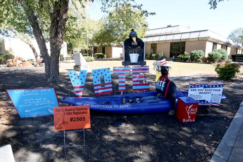 The Hart County Board of Elections and Voter Registration’s scarecrow is all about voting. The display features information to help citizens make sure they are “Election Ready” in preparation for the two elections taking place Nov. 4. (Photo by Rose Scoggins)