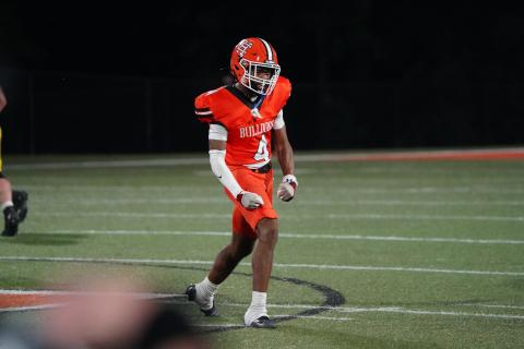 Senior safety Riyan Partlow celebrates after making a tackle for a loss in the 31-28 upset win over the top ranked Wolverines of Prince Avenue Christian Sept. 26. (Photo by Ric Williams)