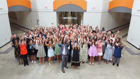Faculty and staff at North Hart Elementary School celebrate being recognized as one of the Top 5 percent of Title  I schools in the state for its progress in improving student performance. (Photo submitted by Grayson Williams)