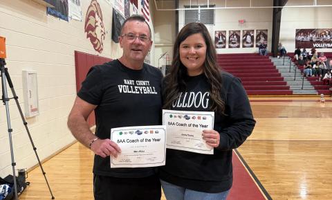 Volley Dogs’ assistant coaches Mike Atkins (left) and Ashley Teasley (right) were honored as the Region Coaches of the Year for Region 8-AA. (Photo submitted by Hart County Volleyball)