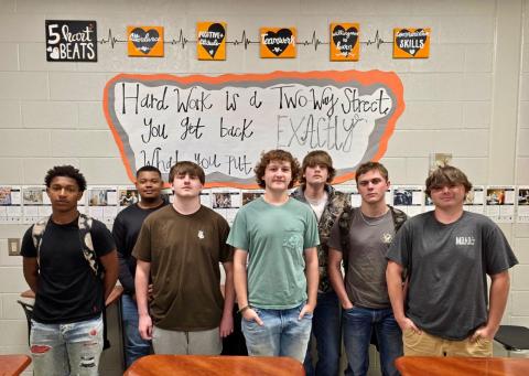 Work-based learning students at Hart County High School who are working in some of Hart County’s local manufacturing industries include (L-R) Nasir Clark (Fenner Dunlop Americas), Jerioin McLendon (Haering Precision USA LP), Dalton Harris (Ritz Instrument Transformers), Landon Whitmire (Haering Precision USA LP), Braden Roberts (Haering Precision USA LP), Riley Worley (Fabritex Inc.) and Hunter DeRossett (LINDE + WIEMANN US Inc.) (Photo submitted by Teresa Bishop)
