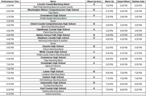 The Bulldog Marching Band’s annual Lake Hartwell Marching Competition is scheduled for Saturday, Oct. 18 at Hart County High School. The first band is set to perform at 2:30 p.m. Hart County is scheduled to take the field at 8:30 p.m. Tickets are $10 for adults and free for children ages five and under. (Schedule courtesy of the Bulldog Marching Band)
