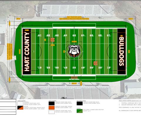 The turf field at Herndon Stadium, which is nearing 10 years old, is set to be replaced following the 2026 football season with ESPLOST funds. Rendering courtesy of the Hart County Charter System. 