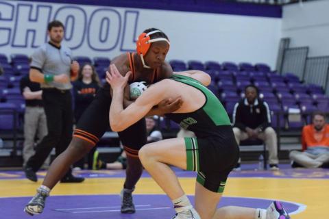 Freshman Kingston Cambell competed against the Lions of Franklin County in the 53-28 loss at Area Duals held at Union County High School Jan. 10. Photo by Shane Scoggins.
