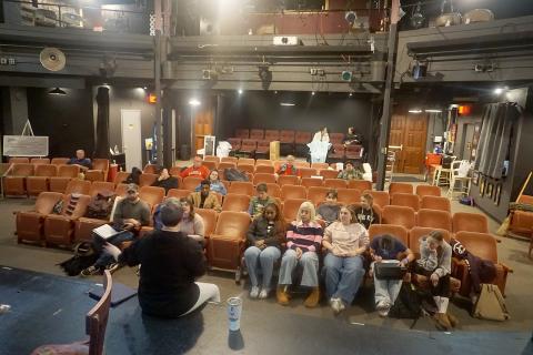 Director Lani Sessoms speaks to a crowd of actors and actresses before the beginning of a rehearsal for "The Diary of Anne Frank." The show, which opens Feb. 27, is just one the theatre works to bring to life for the community. Photo by Madison Linton.