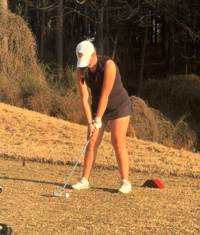 Emma Shiflet looks to drive the ball from the tee box, as she was the low medalist in the wins over Elbert County and Franklin County. Photo submitted by Ben Osborne.