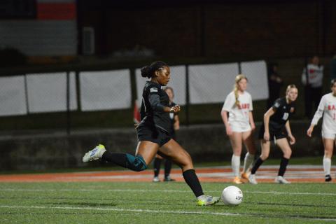 Centerback Aidyn Craft scores off a free kick in the 6-2 win over the Lady Wildcats of Rabun County Feb. 27. Photo by Benjamin London.
