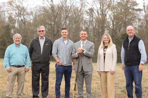 The Cornerstone Baptist Church building committee broke ground on the new home of Cornerstone's Student Ministry Center March 15. Pictured are (L-R) Tony Ferguson, Todd Minish, student pastor Dan Mullis, senior pastor Brad Starnes, Tonya Bridges and Todd London. Photo by Carrie Troska. 