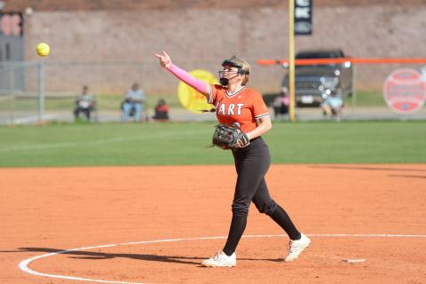 Pitcher Carly Dutton delivers the pitch in the 10-3 loss to the Lady Lions of  Franklin County March 11.  Photo by Benjamin London.