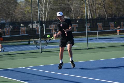 Despite falling against Hebron, 2-6 and 1-6, at No. 2 singles March  19, Jacob Moon responded with a 6-0 and 6-2 win over BASA March 20 and a 6-3 and 6-1 win over East Jackson March 24. Photo by Benjamin London. 